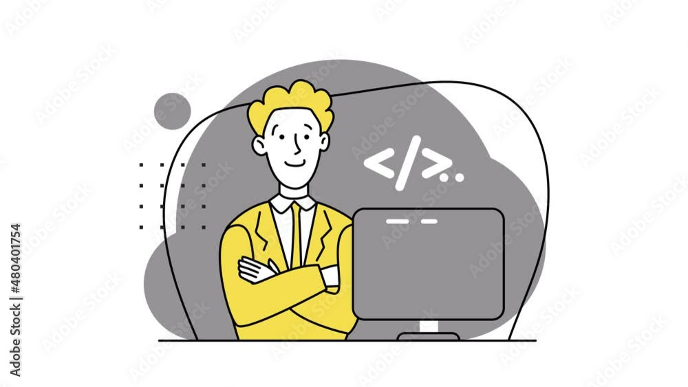 Concept of script coding, programming. JavaScript, PHP, HTML, other languages. Blond guy programmer working on web development on the laptop. Software developers. 2d flat animation. Yellow-gray colors Concept of script coding, programming. JavaScript, PHP, HTML, other languages. Blond guy programmer working on web development on the laptop. Software developers. 2d flat animation. Yellow-gray colors