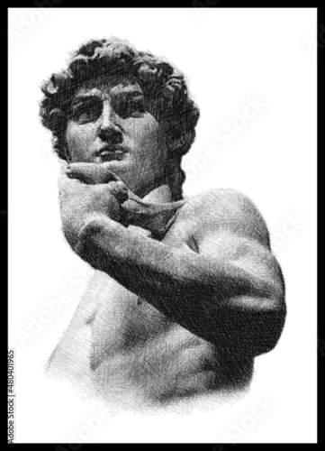 Pencil sketch drawing of the Michelangelo's David. Renaissance marble sculpture. Poster, Wall Decoration, Postcard, Social Media Banner, Brochure Cover Design Background. Vector Pattern. 