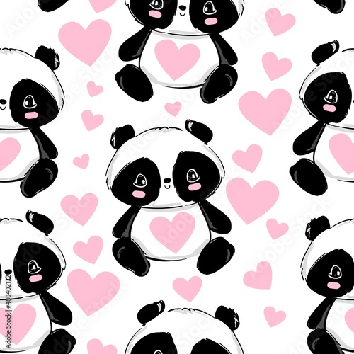 Fototapeta Naklejka Na Ścianę i Meble -  Cute Panda and heart design for valentines day. funny Bear vector illustration seamless pattern.