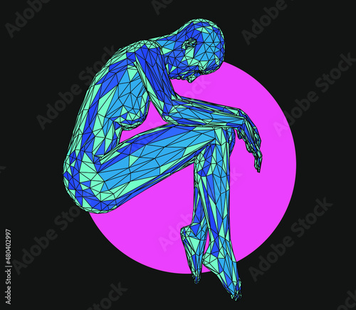 Low poly human in a fetal pose. 3D vector illustration.
