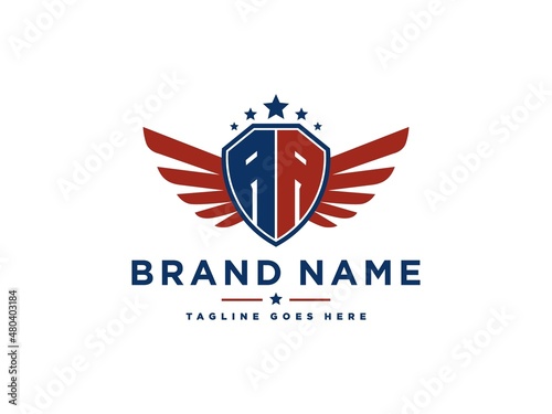Letter AA with american eagle wing emblem. Flying hawk wings shield vector design element. Good for mascot, sport Team, patriotic logo template