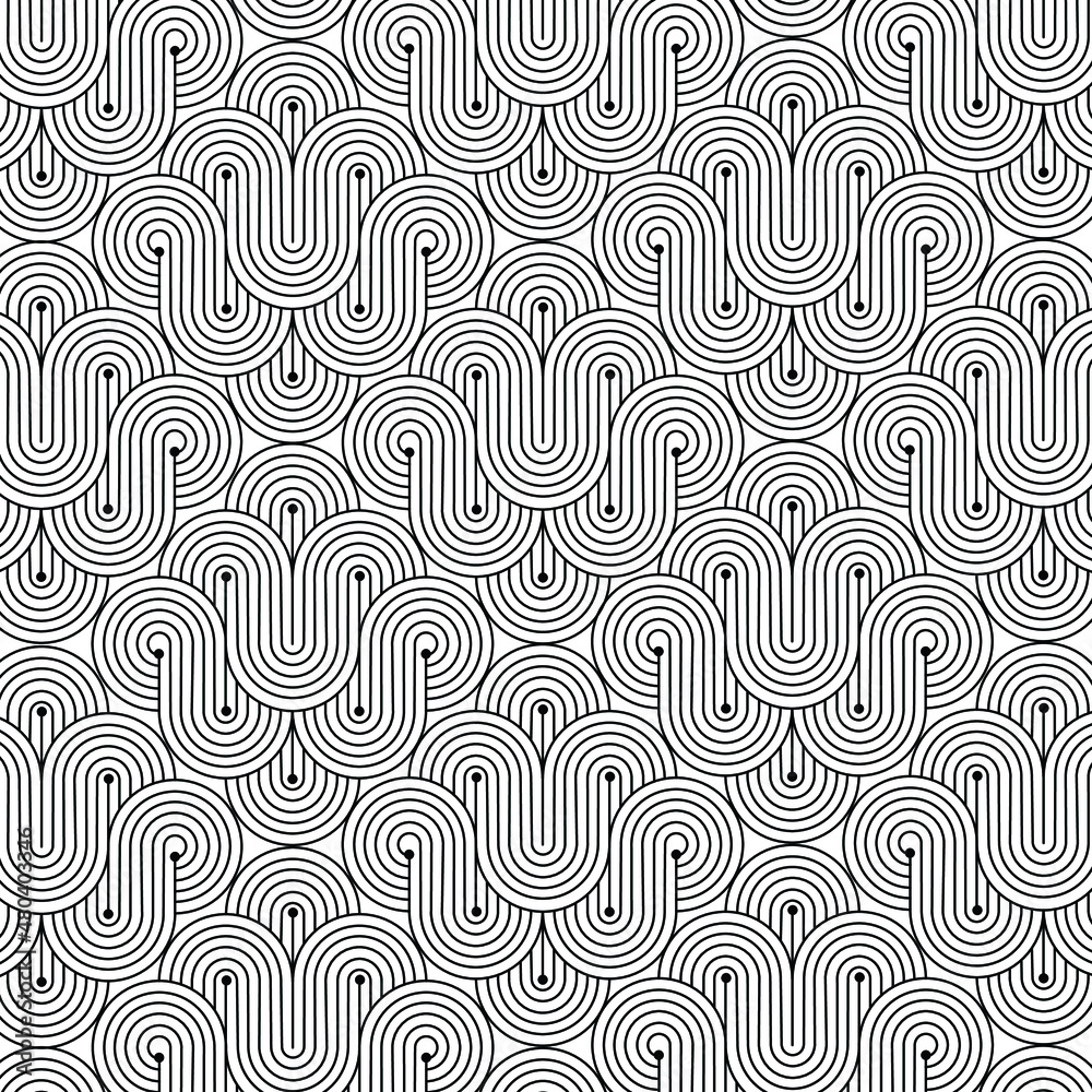 Abstract vector background of black circular, rounded, curved shapes in endless pattern. Modern, seamless background. Trendy. Copy space. Abstract vector background of black circular, rounded, curved shapes in endless pattern. Modern, seamless background. Trendy. Copy space.