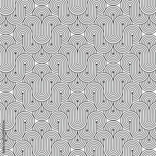 Abstract vector background of black circular, rounded, curved shapes in endless pattern. Modern, seamless background. Trendy. Copy space. 