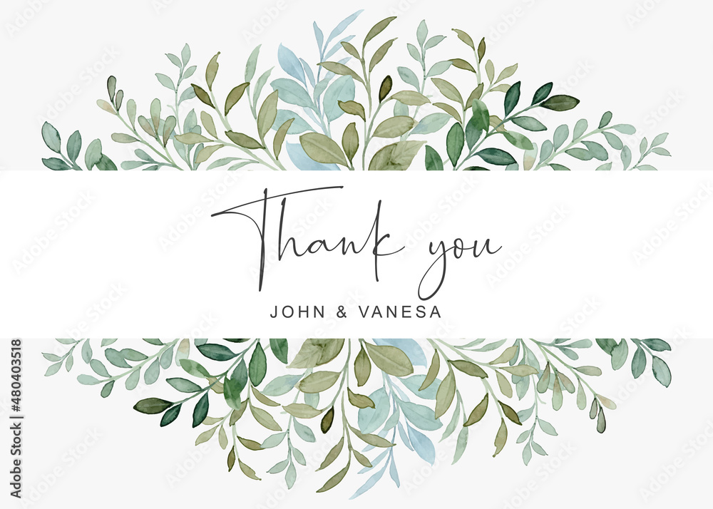 Thank you card with greenery foliage watercolor
