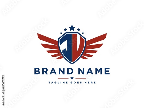 Letter JV with american eagle wing emblem. Flying hawk wings shield vector design element. Good for mascot, sport Team, patriotic logo template