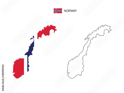 Norway map city vector divided by outline simplicity style. Have 2 versions, black thin line version and color of country flag version. Both map were on the white background.