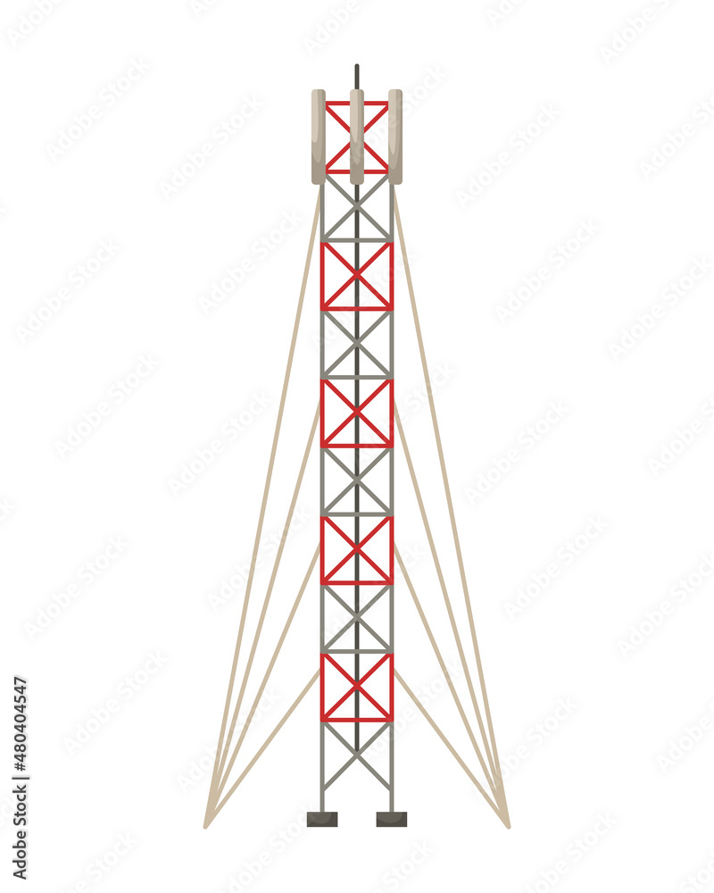 Vector illustration of a cellular communication tower with guylines. 5G, 4g signal distribution. The Internet. Modern technologies. Flat style Vector illustration of a cellular communication tower with guylines. 5G, 4g signal distribution. The Internet. Modern technologies. Flat style