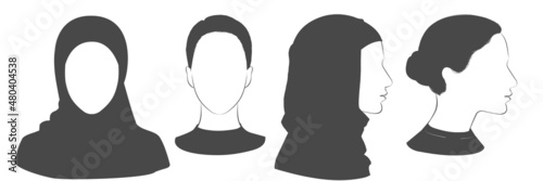 Vector Arabian Muslim woman wearing hijab, niqab, chador, burqa dress and Abaya. Two dimension angles of Middle Eastern face portrait. Different view front, profile side view of a girl face in scarf