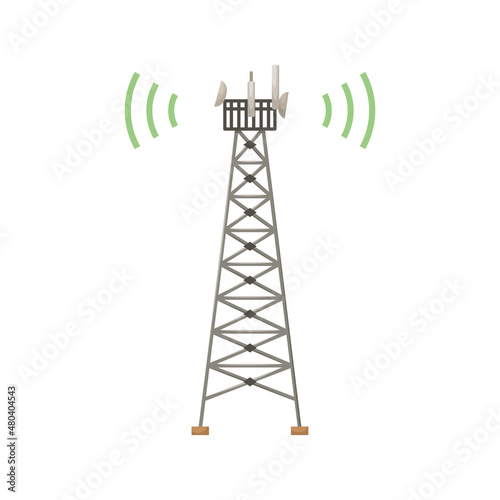 Vector illustration of a cellular communication tower. 5G, 4g signal distribution. The Internet. Modern technologies. Flat style