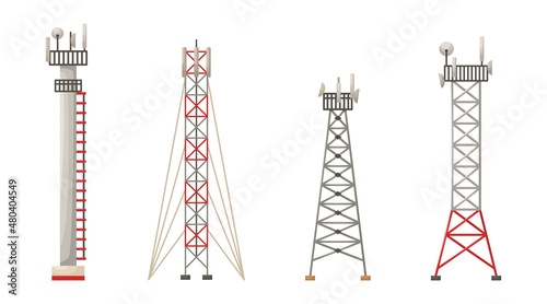 Vector set of illustrations of different constructions of cellular towers. 5G, 4g signal distribution. The Internet. Modern technologies