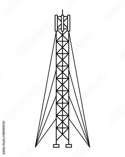 Vector illustration of a cellular communication tower with guylines. 5G, 4g signal distribution. The Internet. Modern technologies. Outline