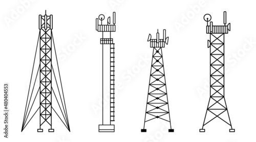 Vector set of illustrations of different constructions of cellular towers. 5G, 4g signal distribution. The Internet. Modern technologies. Outline