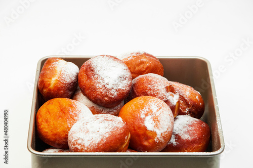 delicious donuts in sugar powder. freshly baked pies in flour. confectionery concept. baking illustration