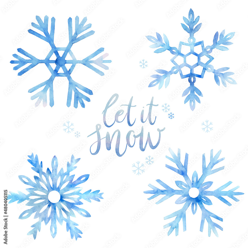 Set of hand painted blue watercolor snowflakes with handwritten Let it Snow.