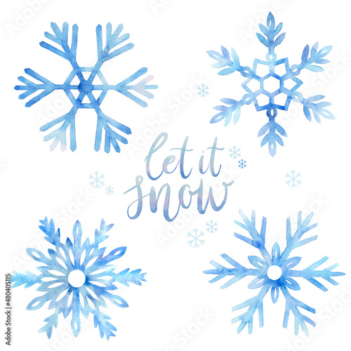 Set of hand painted blue watercolor snowflakes with handwritten Let it Snow.