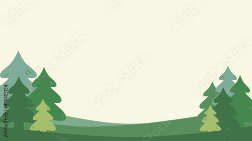 Simple green spring background with firs and place for text. Horizontal frame, kids style. Vector backdrop template.