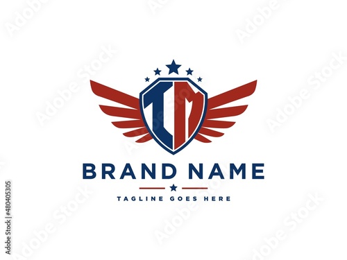 Letter TM with american eagle wing emblem. Flying hawk wings shield vector design element. Good for mascot, sport Team, patriotic logo template