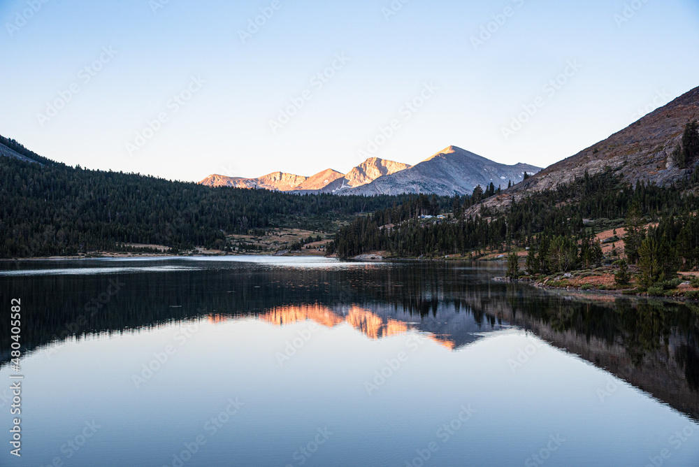 Mountains Reflecting Into Pristine Lake, in Yosemite National Park California, During Dawn in the Summer