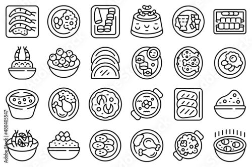 Caribbean cuisine icons set outline vector. Bbq chicken