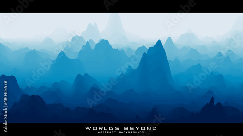 Fototapeta Naklejka Na Ścianę i Meble -  Abstract blue landscape with misty fog till horizon over mountain slopes. Gradient eroded terrain surface. Worlds beyond.