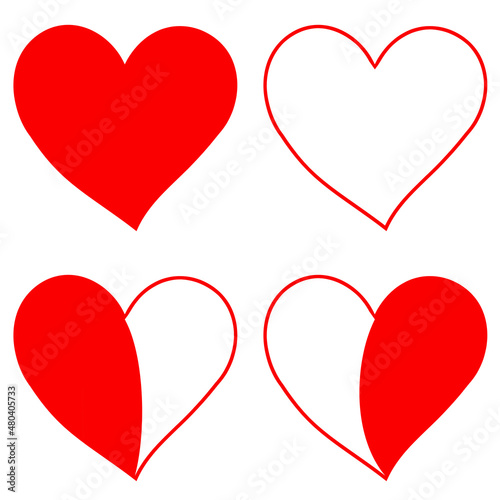 Four different red heart icons, isolated on white background