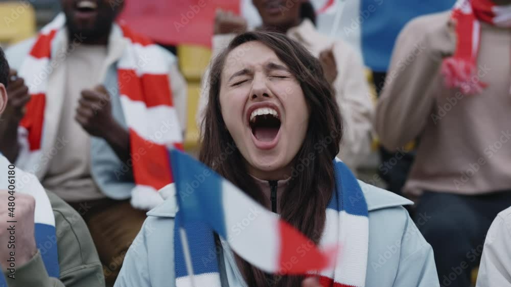 Woman cheering with french flag during football match