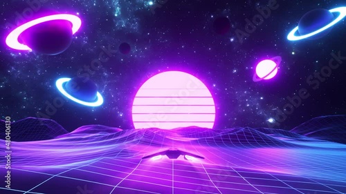 Synthwave Flying Spaceship and Planets - Loop Retrowave Landscape Background photo