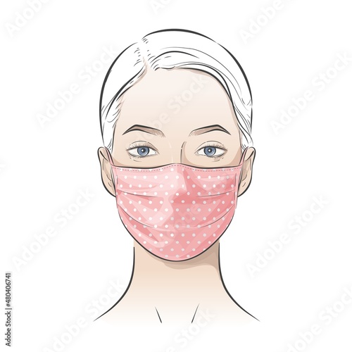 Face mask. Woman wearing disposable medical mask. Vector illustration