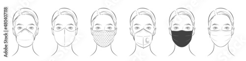 Face mask. Woman wearing disposable medical mask. Vector illustration