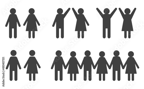set of male and female silhouettes; pair, with hands up and in the row - vector illustration