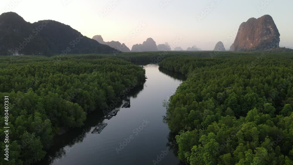 Flying over dense jungle forest view on rocks, mountains. Phang Nga national park in Thailand. Tropical nature drone shot. Flying over dense jungle forest view on rocks, mountains. Phang Nga national park in Thailand. Tropical nature drone shot.