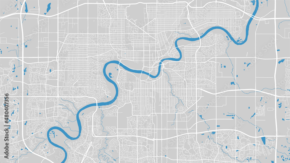 River map vector illustration. North Saskatchewan river map, Edmonton city, Canada. Watercourse, water flow, blue on grey background road map.