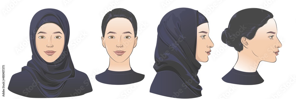 Vector Arabian Muslim woman wearing hijab, niqab, chador, burqa dress and  Abaya. Two dimension angles of
