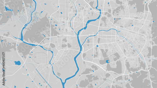 River map vector illustration. Yeongsan river map, Gwangju city, South Korea. Watercourse, water flow, blue on grey background road map.