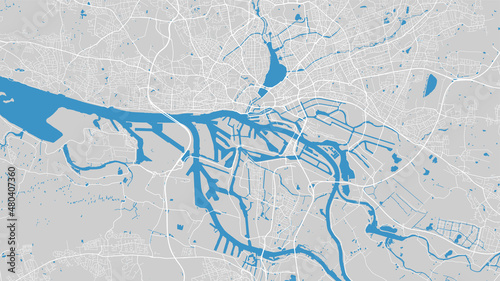 River map vector illustration. Elbe river map, Hamburg city, Germany. Watercourse, water flow, blue on grey background road map.