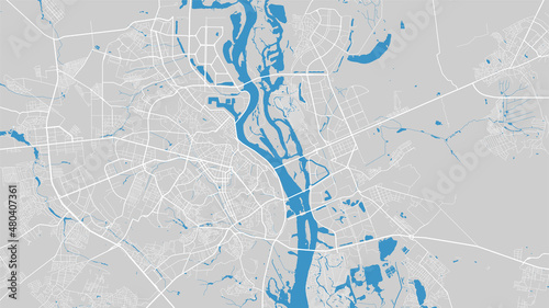 River map vector illustration. Dnieper river map, Kyiv city, Ukraine. Watercourse, water flow, blue on grey background road map.