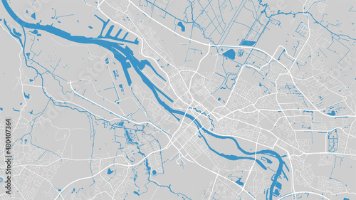 River map vector illustration. Weser river map, Bremen city, Germany. Watercourse, water flow, blue on grey background road map.