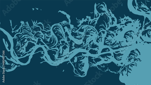 River map vector illustration. Pripyat river map, Ukraine. Watercourse, water flow, blue on dark background.