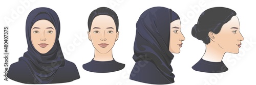 Vector Arabian Muslim woman wearing hijab, niqab, chador, burqa dress and Abaya. Two dimension angles of Middle Eastern face portrait. Different view front, profile side view of a girl face in scarf