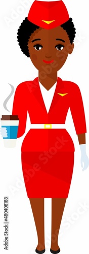 Flat cute cartoon stewardess of aircraft characters in air uniform.