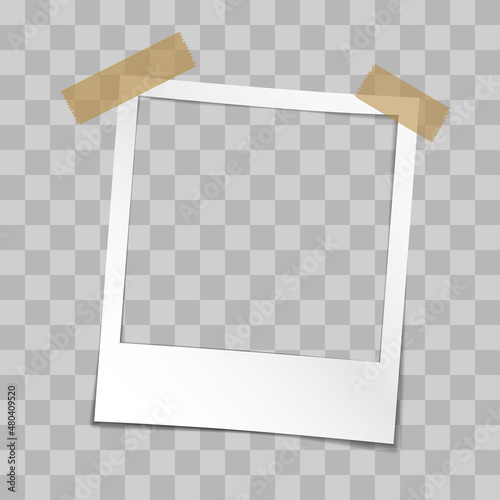 instant picture frame with adhesive tape, snapshot photo frame template, vector illustration