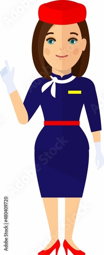 Flat cute cartoon stewardess of aircraft characters in air uniform.