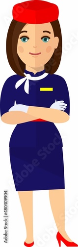 Flat cute cartoon stewardess of aircraft characters in air uniform.