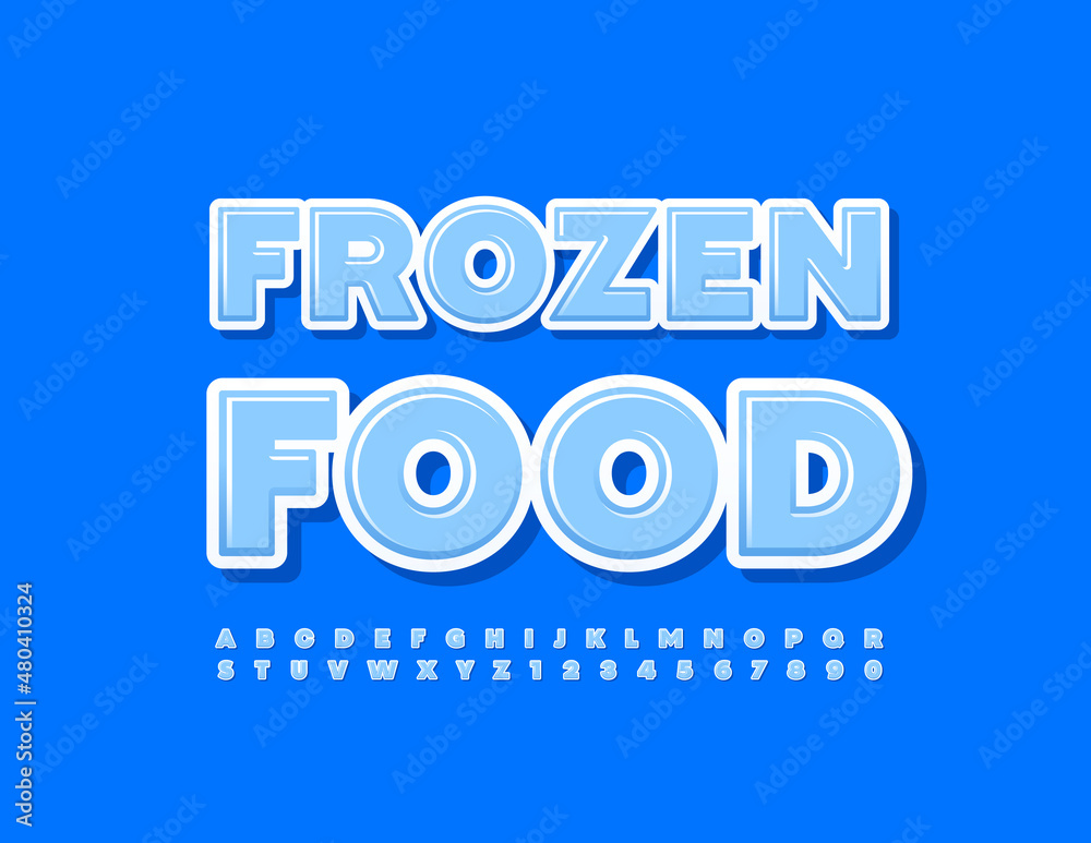 Vector creative Emblem Frozen Food. Modern Glossy Font. Artistic Alphabet Letters and Numbers Vector creative Emblem Frozen Food. Modern Glossy Font. Artistic Alphabet Letters and Numbers