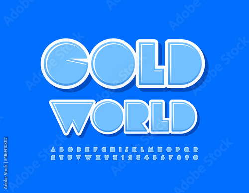 Vector stylish Emblem Cold World. Modern Blue Font. Creative set of Alphabet Letters and Numbers