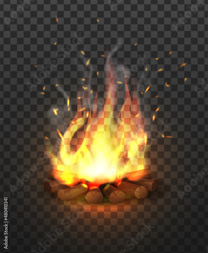 3d realistic icon. Campfire with lump wood on transparent background. 