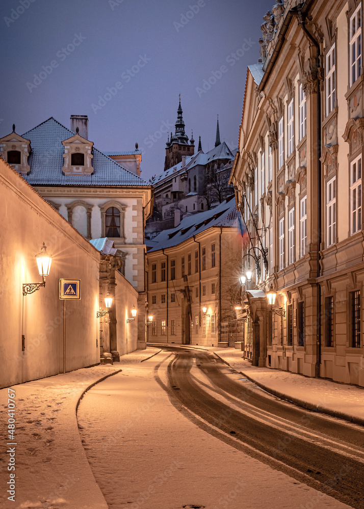 Fototapeta premium city, architecture, prague, church, view, europe, town, building, cityscape, cathedral, travel, tower, old, panorama, landmark, castle, tourism, landscape, czech, panoramic, house, urban, snow, winter