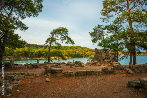 PHASELIS, TURKEY: The scenic view of the beach of Phaselis ancient city on a cloudy day.