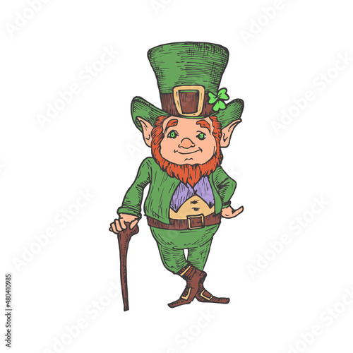 Hand Drawn Saint Patricks Day Color Vector Illustration. Leprechaun in a Hat Abstract Sketch. Irish Holiday Engraving Style Drawing Isolated