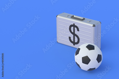 Fototapeta Naklejka Na Ścianę i Meble -  Transfer cost. Prize fund. Sports betting. Winning the totalizator. Purchase, sale of football club. Sports Equipment. Fair play. Penalties and sanctions. Soccer ball near money briefcase. 3d render